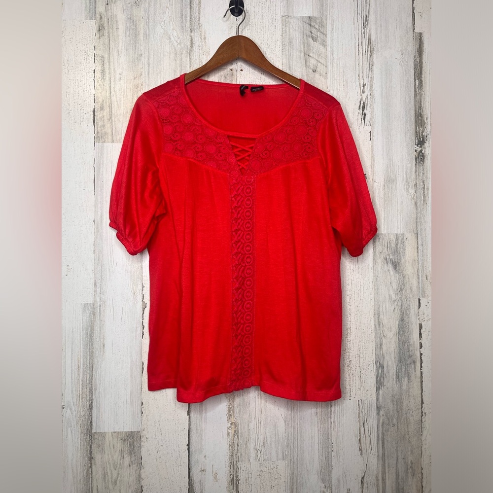 New Directions Women's Crochet Detail Top Red Size XL
